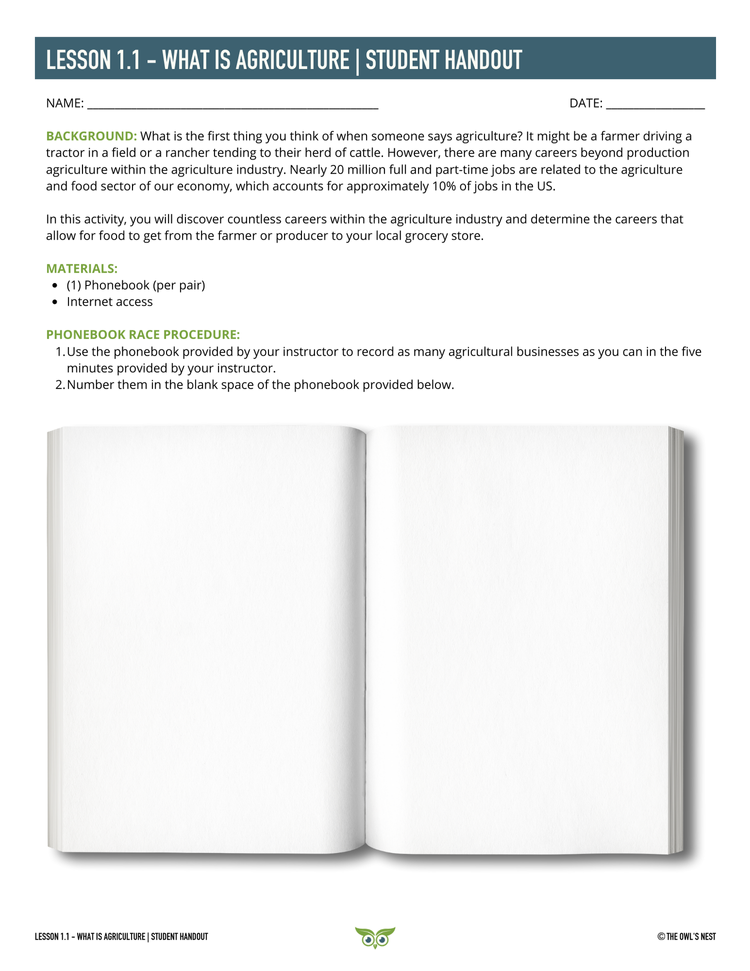 Overview of Intro to Agriculture Unit, example student handout