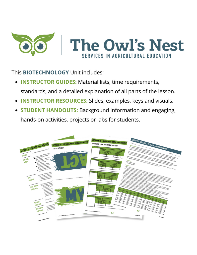 Biotechnology unit includes, instructor guides, instructor resources, and student handouts