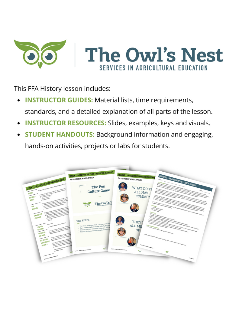 FFA History unit includes instructor guides, instructor resources, and student handouts