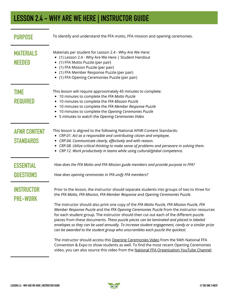 FFA unit overview instructor guide examples