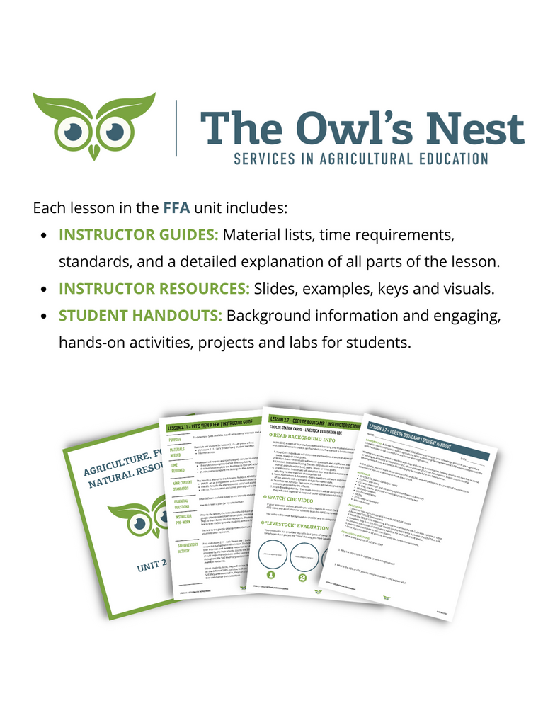 FFA unit overview includes, instructor guides, instructor resources, and student handouts