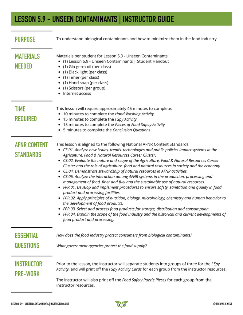 Food Science Unit instructor guide example