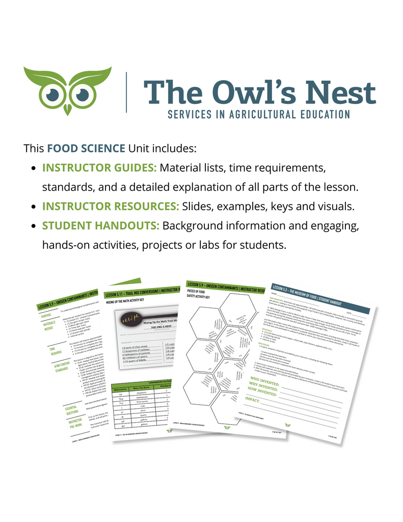 Food Science Unit overview includes, instructor guides, instructor resources, and student handouts