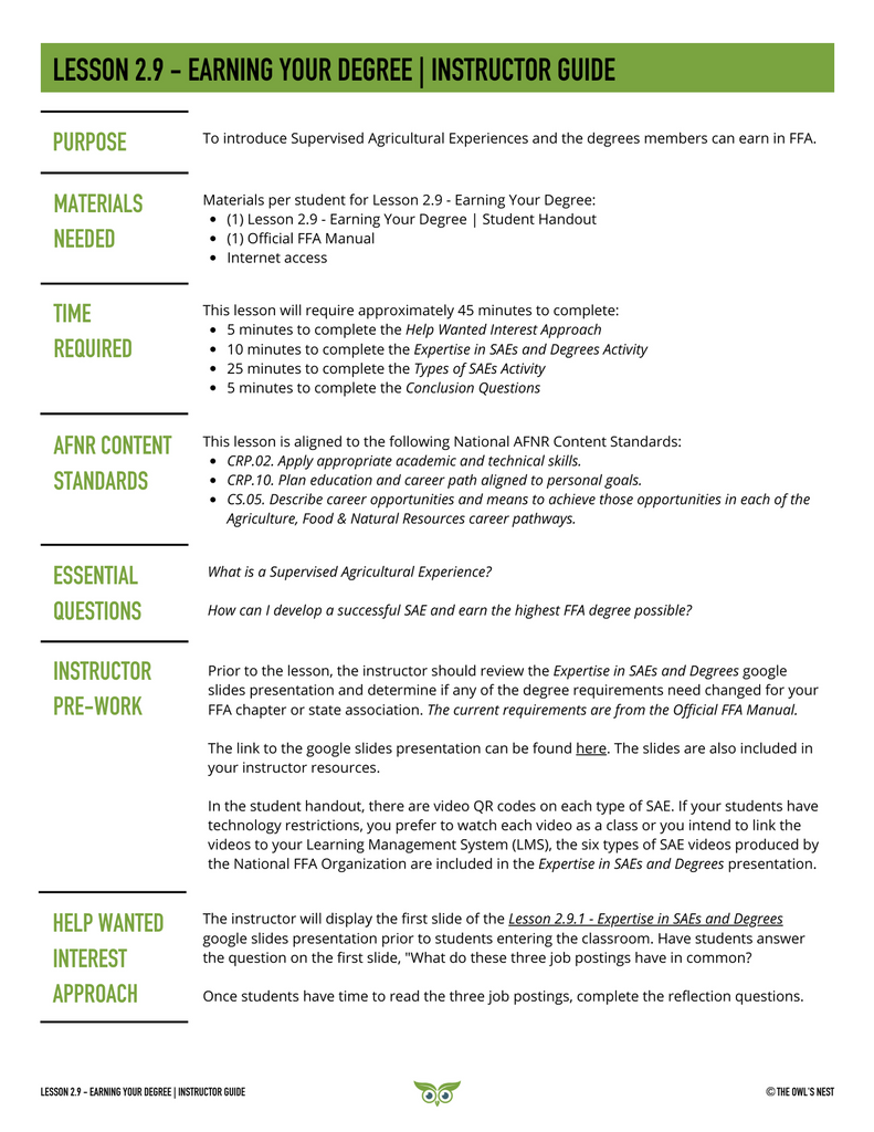 Intro to SAEs Unit instructor guide example