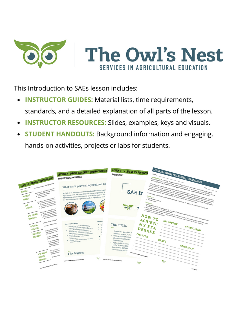 Intro to SAEs Unit overview includes, instructor guides, instructor resources, and student handouts