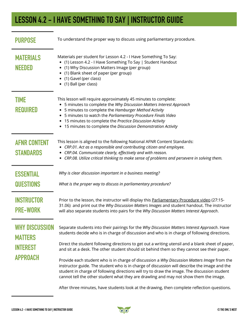 Parliamentary Procedure Unit instructor guide example