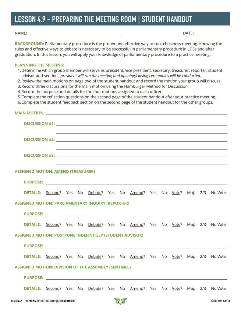 Parliamentary Procedure Unit student handout example